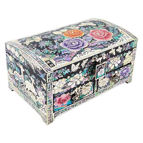 Rose Embroidered Mother-of-Pearl Jewelry Box 2-Tier Drawer by Kim Young-man (Black, 18cm)
