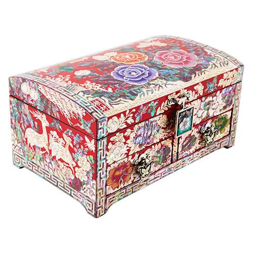 Rose Embroidered Shell Inlay Jewelry Box with 2 Drawers (Red, 18cm, Kim Young-man)