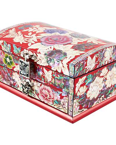 バラ花刺繍転がし自貝宝石箱(2段、引き出し1、赤色、15センチ、キム・ヨンマン)