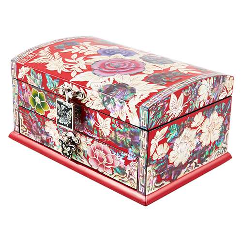 Rose Embroidery Rolled Drawer Mother-of-Pearl Jewelry Box (2-Tier, 1 Drawer, Red, 15cm, Kim Young-man)
