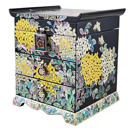 Hydrangea and Tile Pattern Three-Drawer Mother-of-Pearl Jewelry Box (Red, Kim Yong-gwan)