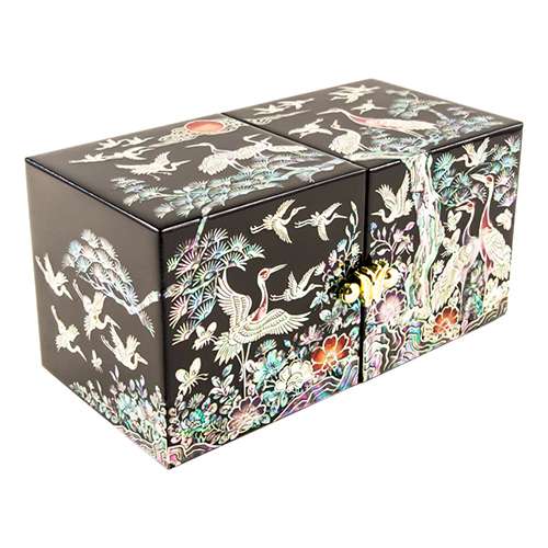 Mother-of-Pearl Jewelry Box (Double-Lid, Crane A Pattern, Medium)