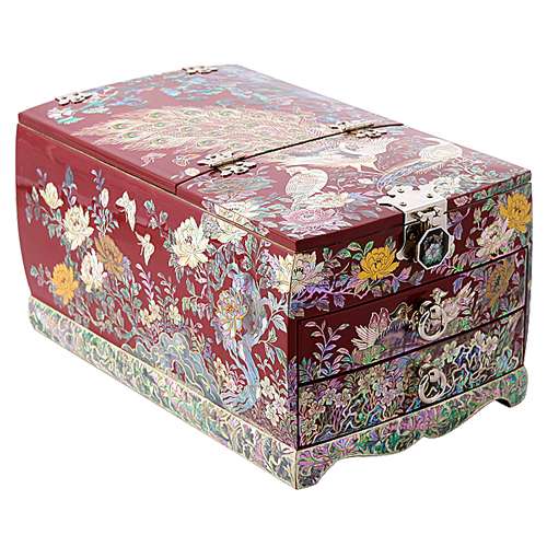 Peacock 2-Drawer Vanity Jewelry Box (Red) - Kim Yong-gwan