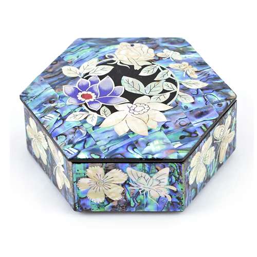 Flower Butterfly Celadon Mother-of-Pearl Small Hexagonal Box - Work by Park In-ho