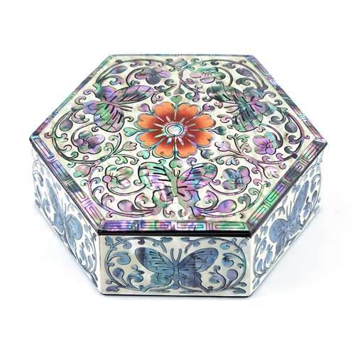 Traditional Vine and Butterfly Small Hexagon Storage Box (Black)