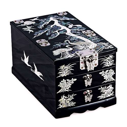 Gloss Crane Two-Drawer Mirror Jewelry Box (Black) Large