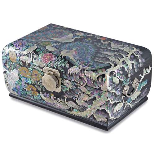 Peacock Two-Tier Rolling Jewelry Box (Black) - Kim Yong-gwan Artwork Large 36cm