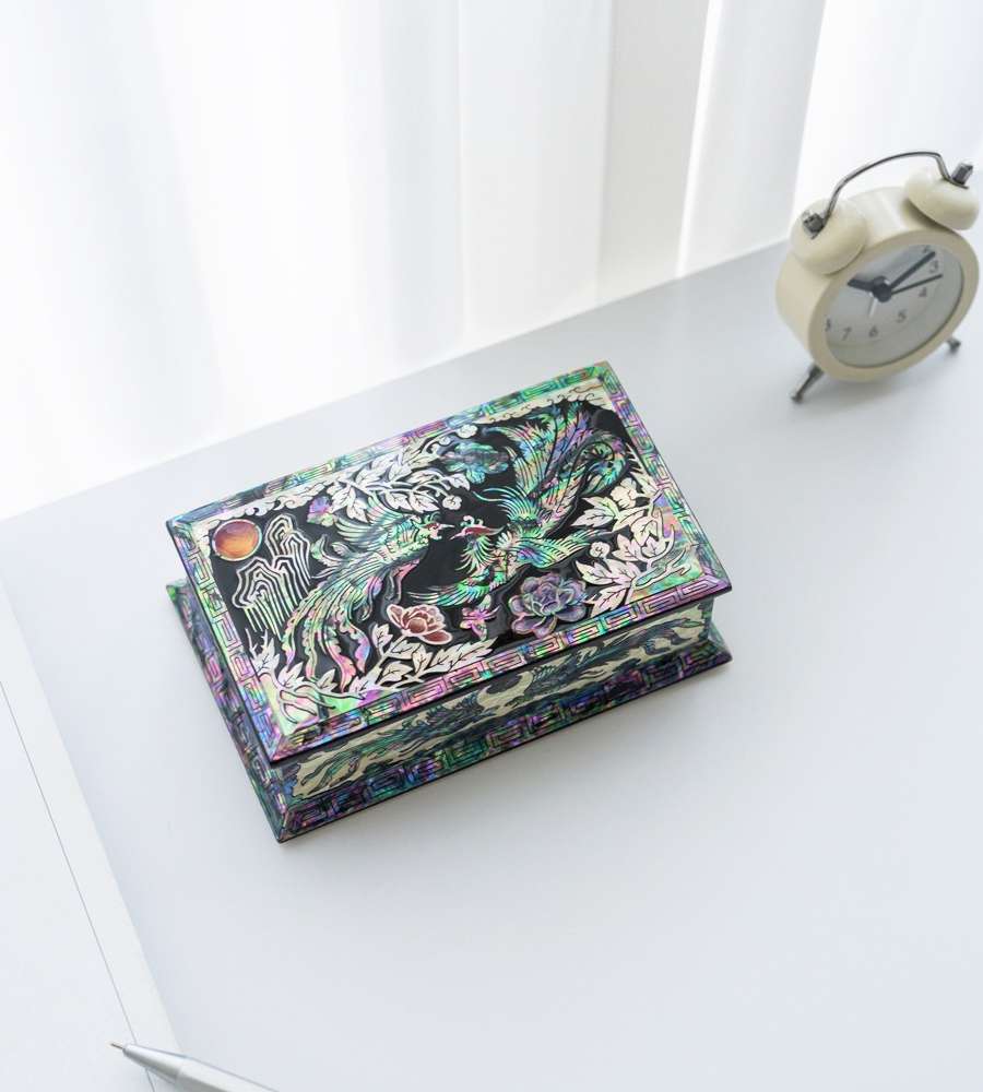 Mother-of-Pearl Lacquer Business Card Holder with Ten Symbols of Longevity and Phoenix Design - Group Gift for International Buyers