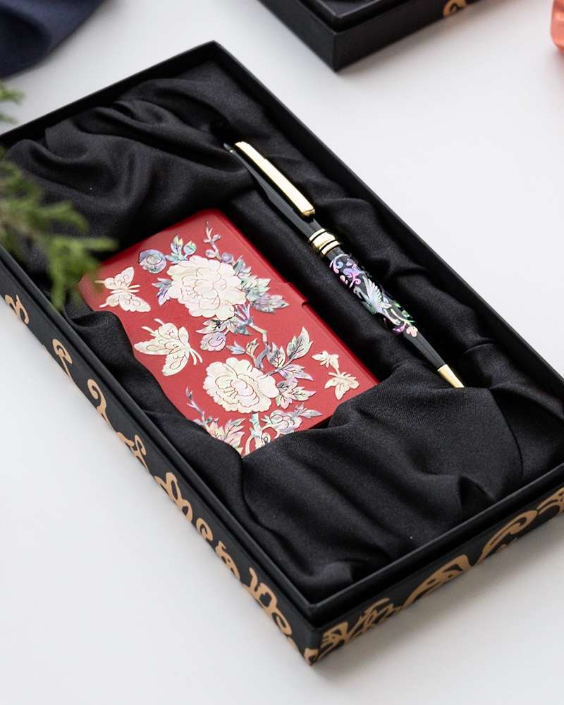 2-Piece Set: Mother-of-Pearl Lacquerware Business Card Case + Mother-of-Pearl Ballpoint Pen (Pine & Crane, Peony Motif)