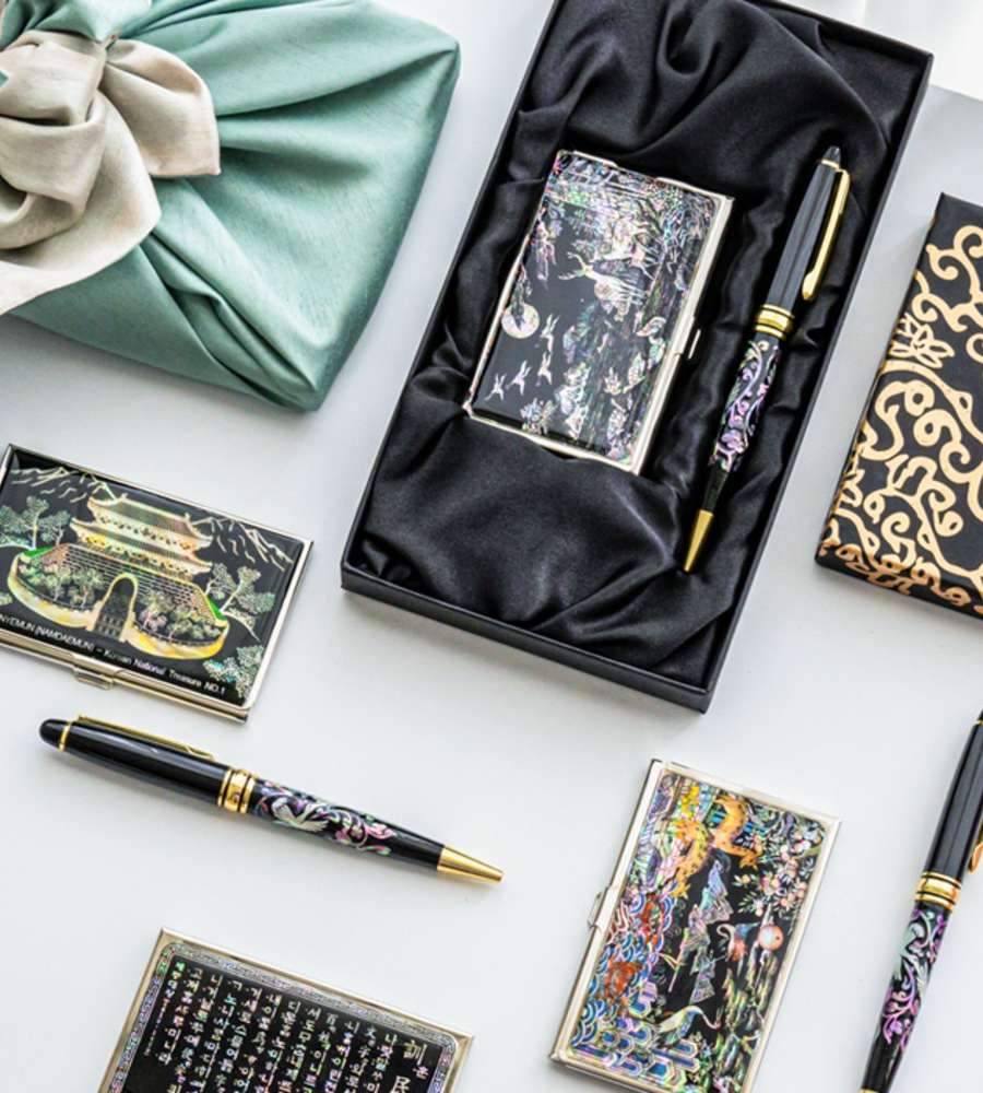 2-Piece Set: Mother-of-Pearl Business Card Case + Crane Mother-of-Pearl Ballpoint Pen - Foreign Buyer Gift & Group Commemorative Gift