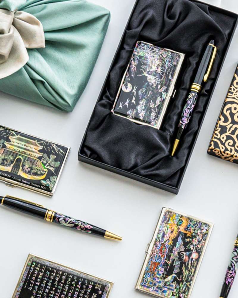 2-Piece Set: Mother-of-Pearl Business Card Case + Crane Mother-of-Pearl Ballpoint Pen - Foreign Buyer Gift & Group Commemorative Gift