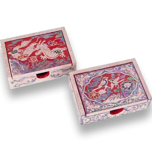 Right-Angle Border Mother-of-Pearl Business Card Case, Red (Dragon, Birds and Flowers) - by Oh Myung-ho
