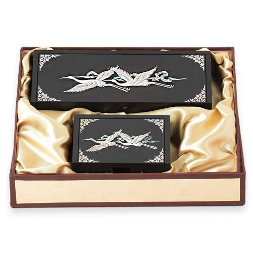 Inlay Ceramic Auto Business Card and Pen Holder Set (Twin Cranes, Cloud Cranes, Floral, Scrolling Vine Patterns)