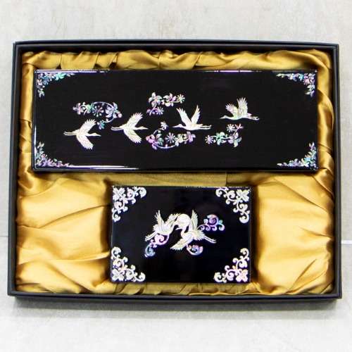 Glossy Double Crane Mother-of-Pearl Business Card and Pen Holder Set