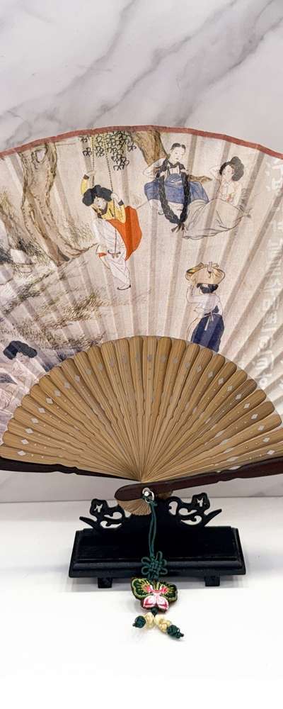 Korean Bamboo Silk Folding Traditional Fan - Shin Yun-bok Customs Paintings Souvenir Gift for Foreigners