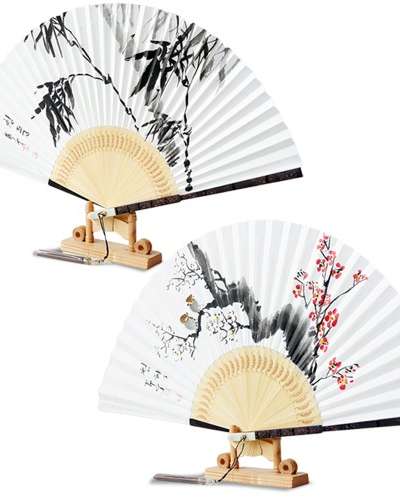 Handwritten Ebony-Inlaid Black Bamboo Traditional Fan - Bamboo and Plum Blossom (Master Namjeong Park Sang-oak)
