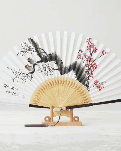 Handwritten Black Bamboo and Ebony Traditional Fan - Plum Blossoms (Namjeong Park Sang-ok)