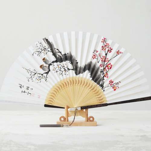 Handwritten Black Bamboo and Ebony Traditional Fan - Plum Blossoms (Namjeong Park Sang-ok)