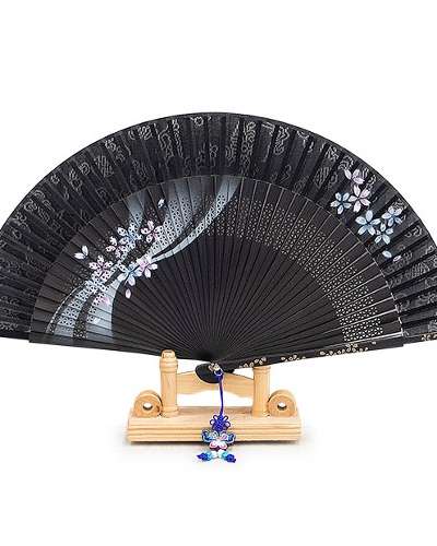 Premium Silk Flower Traditional Fan (Black) with Knot Ornament & Fan Case
