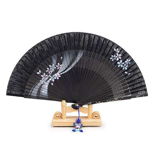 Premium Silk Flower Traditional Fan (Black) with Knot Ornament & Fan Case