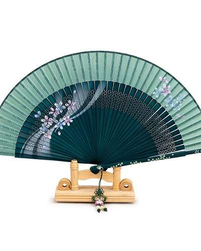 Premium Silk Flower Traditional Fan (Green) with Knot Decoration and Fan Case