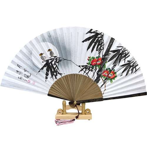 Handwritten Odaegukseon Black Bamboo Fan with Camellia and Bamboo (Artist Nam Jung Park Sang-ok)