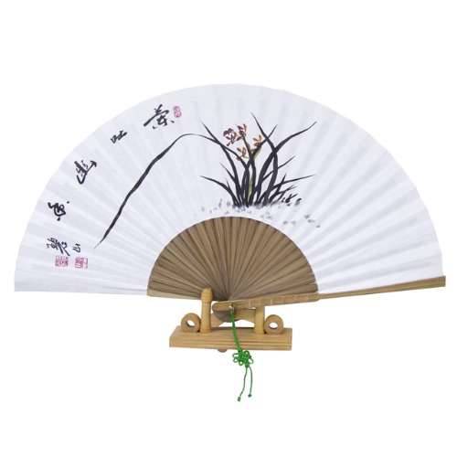 Hanji and Black Bamboo Traditional Fan - Orchid Large Size