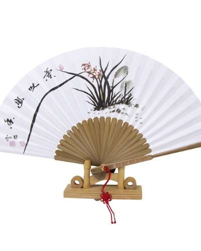 韓紙烏竹製伝統うちわ-蘭の花柄 中サイズ