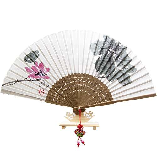 Premium Ramie Fan - Good Words Hand-drawn Design (Lotus) with Tassel + Fan Case