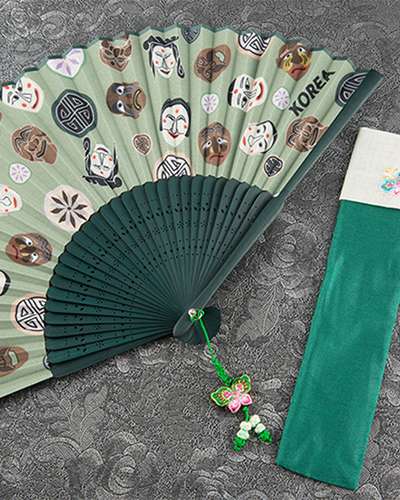 高級シルク河回タル伝統扇 B（グリーン）結び紐+扇入れ付き