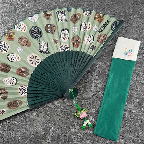Premium Silk Hahoe Mask Traditional Fan Type B (Green) - Includes Knot and Fan Case