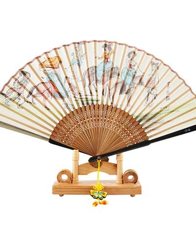 Folk Inlay Traditional Fan (Spring Outing) with Knot and Fan Case Included