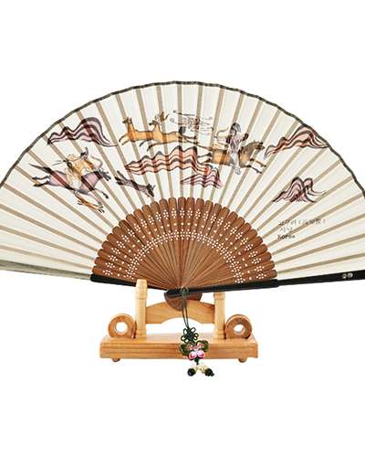Traditional Mother-of-Pearl Folding Fan (Goguryeo Hunt) with Knot and Fan Case