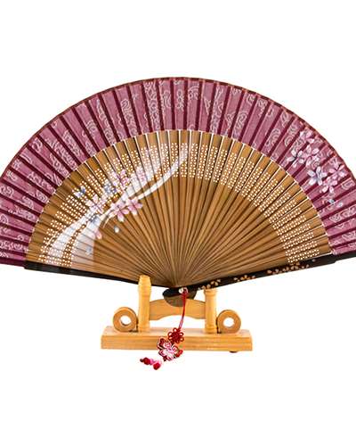 Premium Silk Flower Traditional Korean Fan (Beige) with Knot Decoration and Fan Case