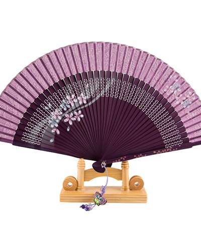 Premium Silk Flower Traditional Fan (Purple) with Tassel and Fan Case