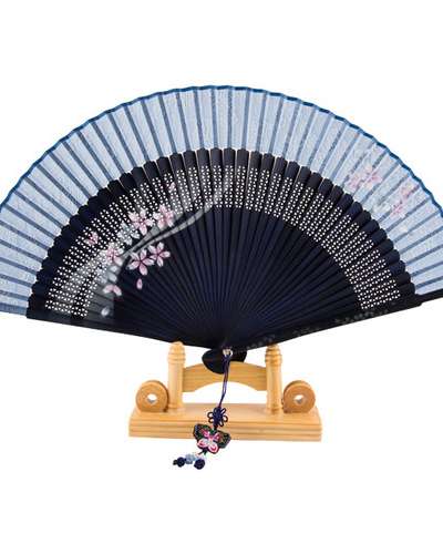 Premium Silk Flower Traditional Fan (Blue) with Knot Decoration and Fan Case