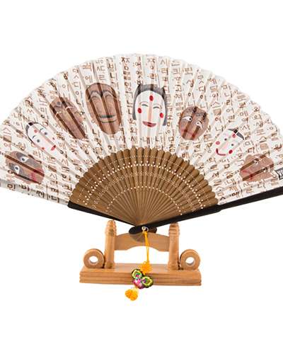 Premium Silk Hahoe Mask Traditional Fan (Beige) with Knot and Fan Case