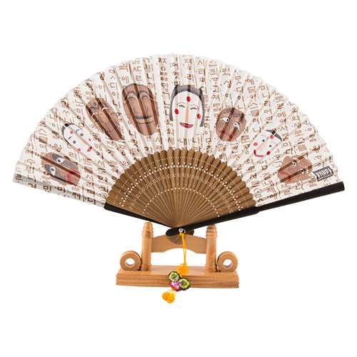 Premium Silk Hahoe Mask Traditional Fan (Beige) with Knot and Fan Case