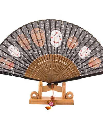 高級シルク河回仮面伝統扇（黒色）結び紐+扇ケース付き