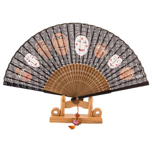 Premium Silk Hahoe Mask Traditional Fan (Black) with Knot Ornament + Fan Case