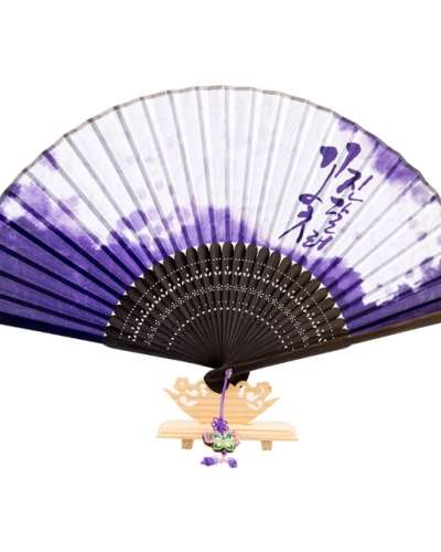 高級シルク扇-シャクナゲ花（紫）結び紐+扇袋付き