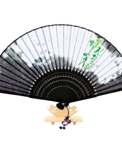 高級シルク扇-ツツジの花 (黒) 房紐+扇袋付き