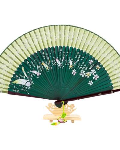 高級シルク螺鈿装飾扇-蝶(緑) 房紐+扇袋付き