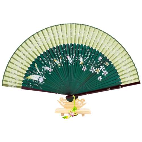 Premium Silk Mother-of-Pearl Fan - Butterfly (Green) with Traditional Knot and Fan Pouch