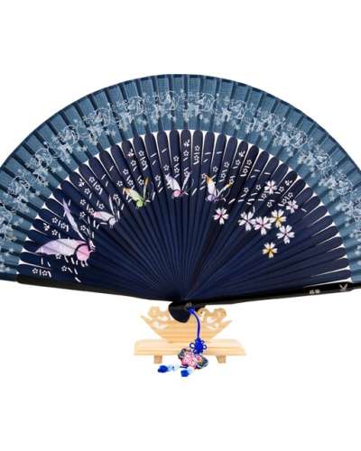 高級シルク螺鈿装飾扇-蝶（ネイビー）房紐+扇子入れ付き