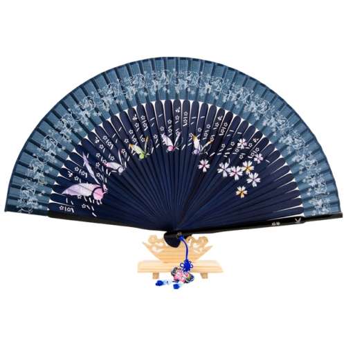 Premium Silk Mother-of-Pearl Butterfly Fan - Navy with Traditional Knot and Fan Case