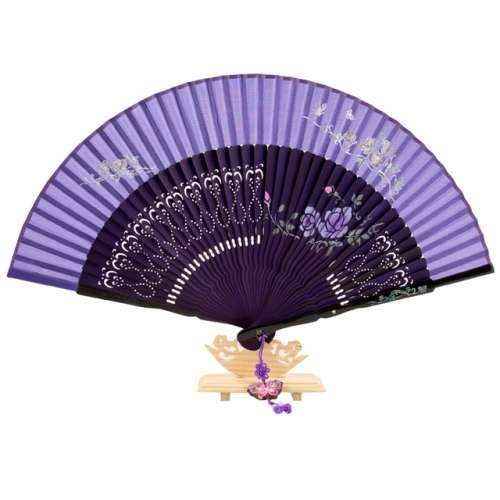 Premium Silk Mother-of-Pearl Cubic Decoration Fan - Rose (Purple) with Traditional Knot and Fan Case