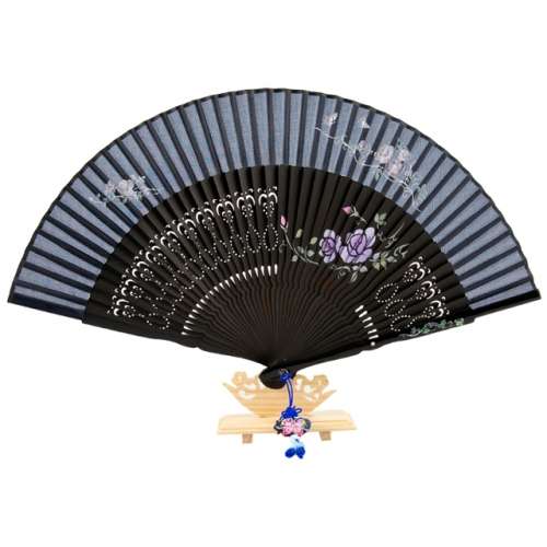 Premium Silk Mother-of-Pearl Cubic Decorated Fan - Rose (Black) with Tassel and Fan Case