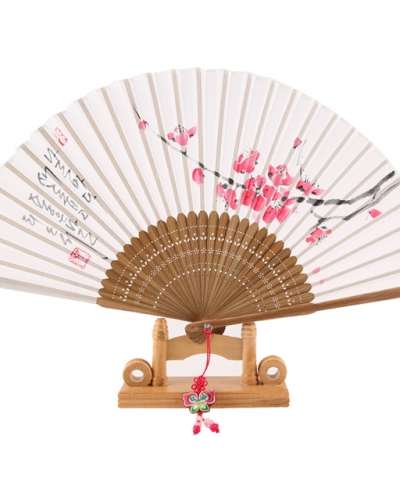 高級麻の扇 - 良い言葉の手描き(梅の花) 房紐+扇ケース付き