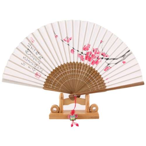 Premium Ramie Fan - Fine Calligraphy Hand-drawn Design (Plum Blossom) with Tassel and Fan Case